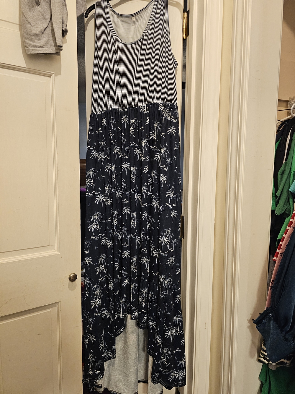 4/$25 Striped Tank Top Maxi Dress with Palm Print - Navy & White